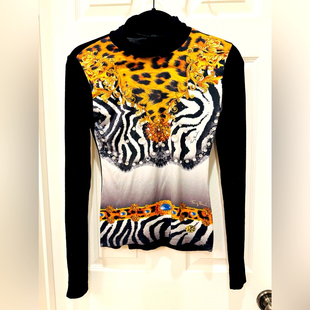 Tory Burch Black Long-Sleeve Turtleneck with Gold and White Animal Print